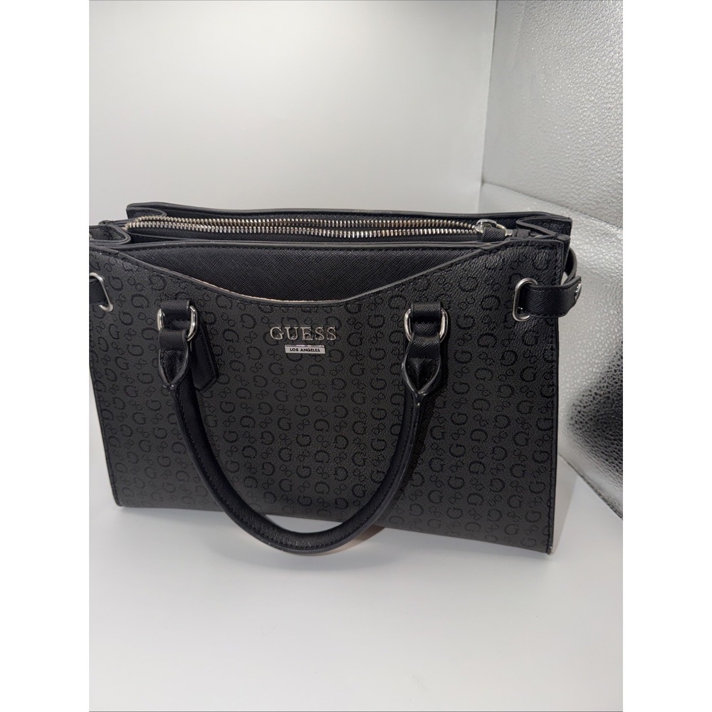 Guess Logo Purse Black And Grey PVC Double Handle Silver Details Multiple Pocket